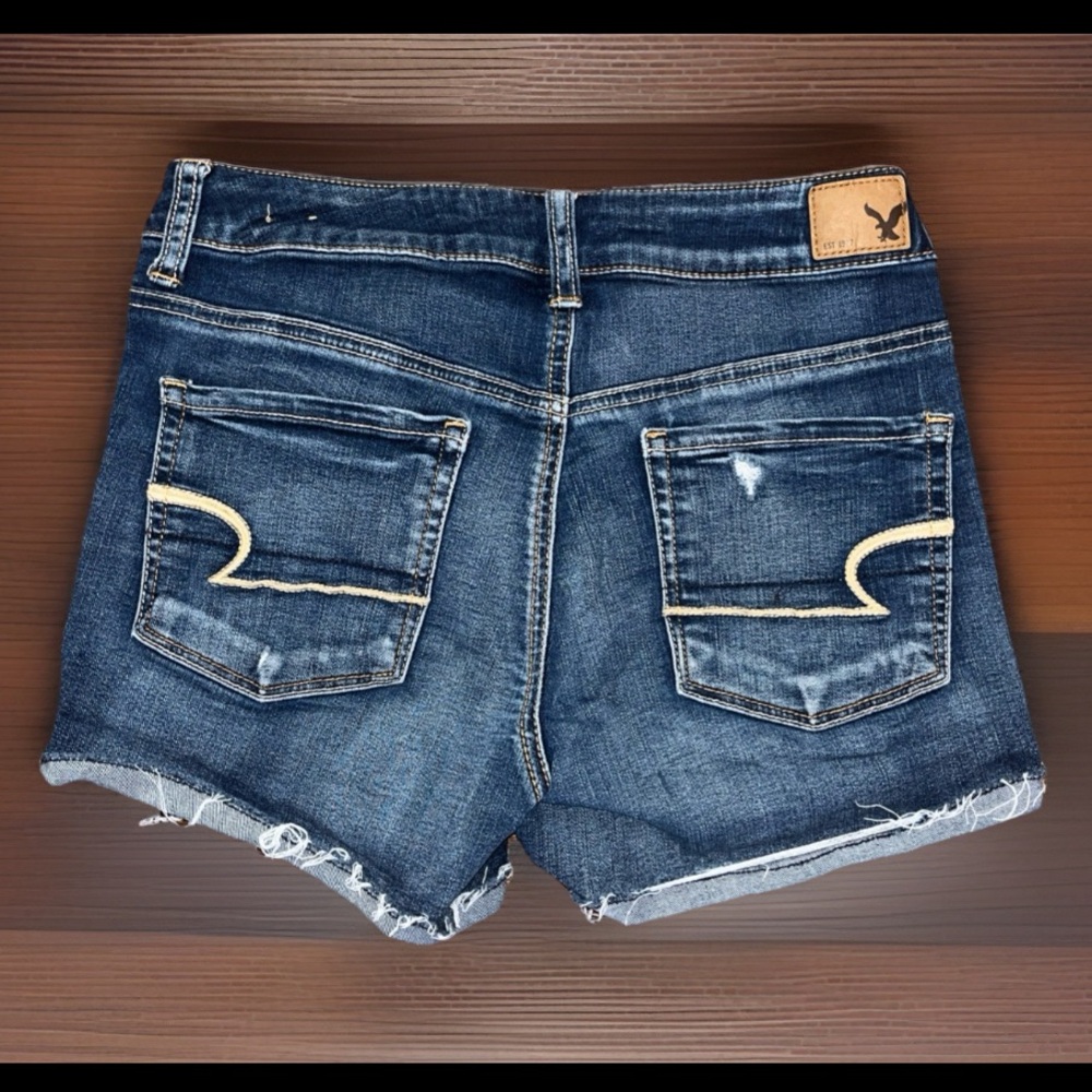 American Eagle Outfitters Dark Blue Distressed Denim Jean Shorts - Picture 6 of 8
